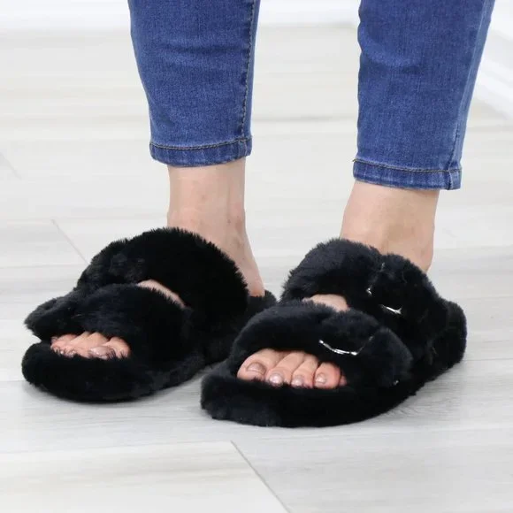 Black Puff Fuzzy Fluffy Slip On Plush Slippers Double Strap - Picture 6 of 15